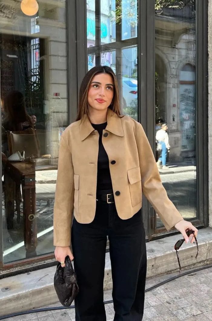 Veste En Cuir Suede Fendu Avec Poche